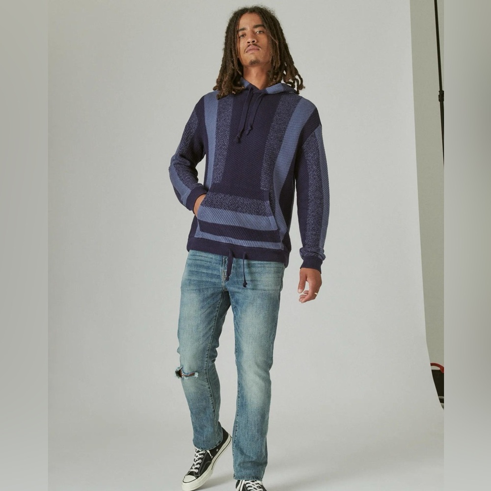 Striped Knit Hoodie in Navy and Slate Blue